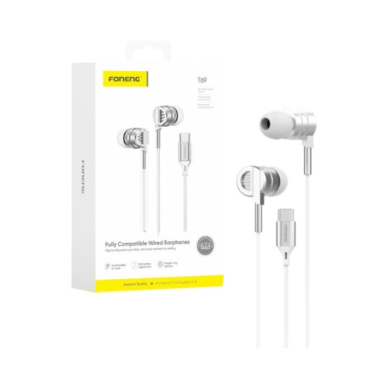 Auscultadores Foneng T69 in Ear Tipo-C 1,2m Prata
